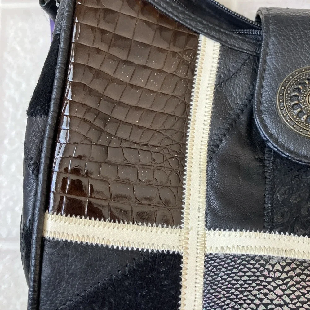 Vintage Northwest Territory Black Genuine Leather Patchwork Purse 1990s‎ Hobo